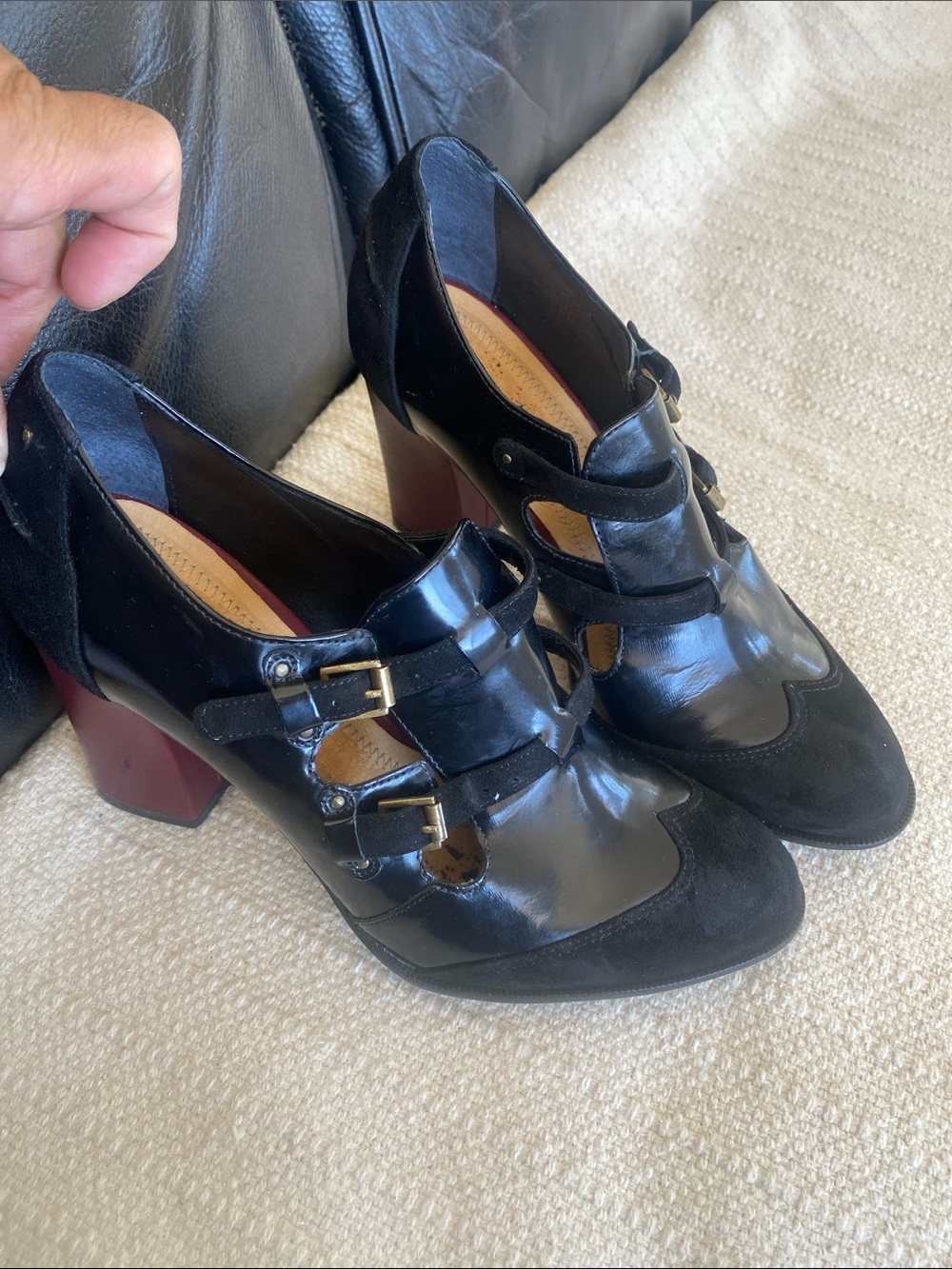 Pilcro Black Leather & Suede Triple-Buckle Heels with Burgundy Block Heel